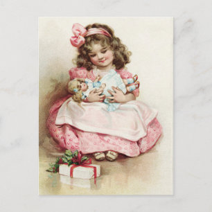 Cartão Postal Vintage Girl in Pink Vress with Doll