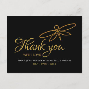 Cartão Postal Vintage Gold Foil Dragonfly CasamentoObrigado
