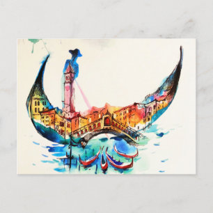 Cartão Postal Vintage Gondola Venice City Viagem Love Watercolor