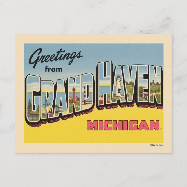 Cartão Postal Vintage Grand Haven Viagem (Frente)