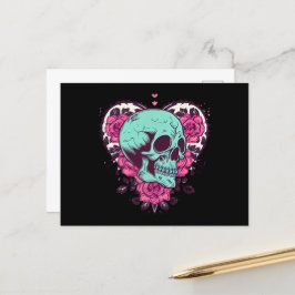 Cartão Postal Vintage Green Skull & Rosa Heart