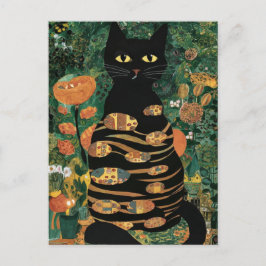 Cartão Postal Vintage Gustav Klimt Black Cat em Jardim Flor