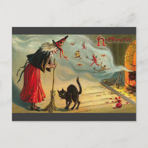 Cartão Postal Vintage Halloween Art - Cat encontra a Bruxa!