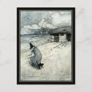 Cartão Postal Vintage Halloween Arthur Rackham Witch + Black Cat