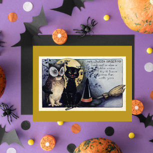 Cartão Postal Vintage Halloween Black Cat & Owl Witl Hat Moon