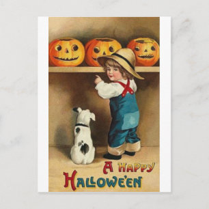 Cartão Postal Vintage Halloween Boy, Puppy e Jack-o-lantern