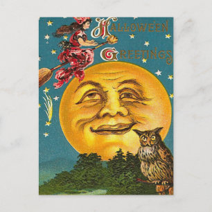 Cartão Postal Vintage Halloween Bruxa e Lua Cheia