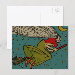 Cartão Postal Vintage Halloween, Bruxa Mau voando em Broomstick