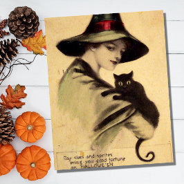 Cartão Postal Vintage Halloween Bruxa Segurando Gato Negro