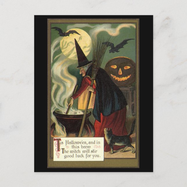 Cartão Postal Vintage Halloween Bruxa Stirring Magic Cauldron (Frente)