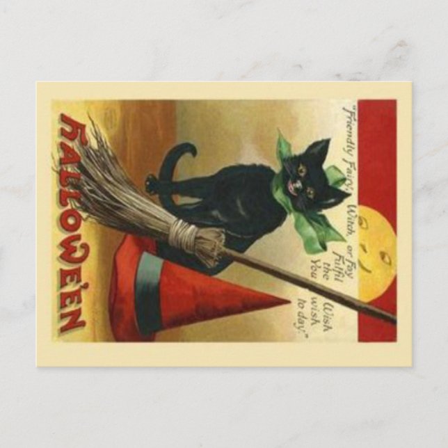 Cartão postal Vintage Halloween Cat & Broom (Frente)