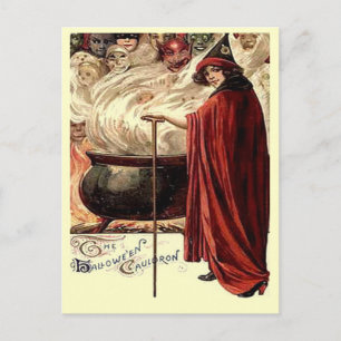 Cartão Postal Vintage Halloween Cauldron Magic