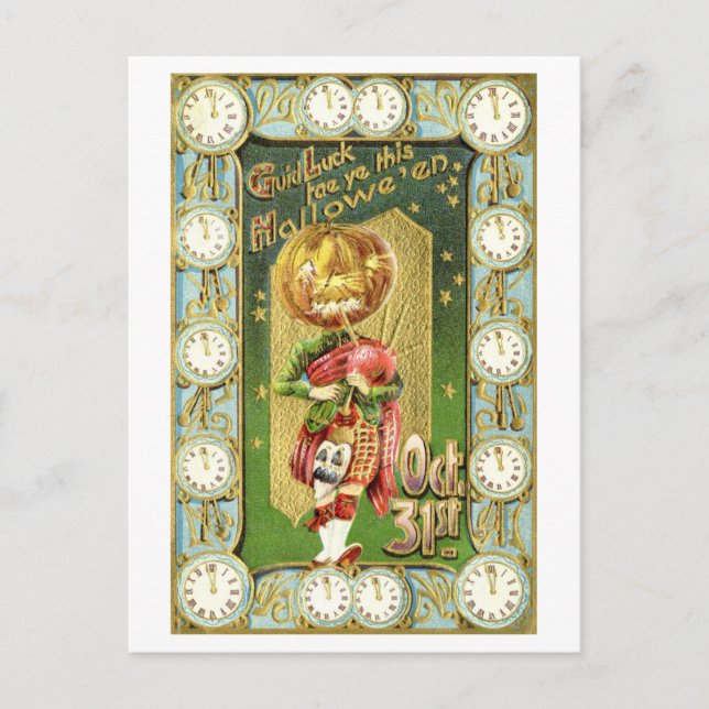Cartão Postal Vintage Halloween Clock com Bagpipe (Frente)