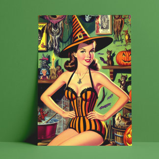 Cartão Postal Vintage Halloween Cute Witup