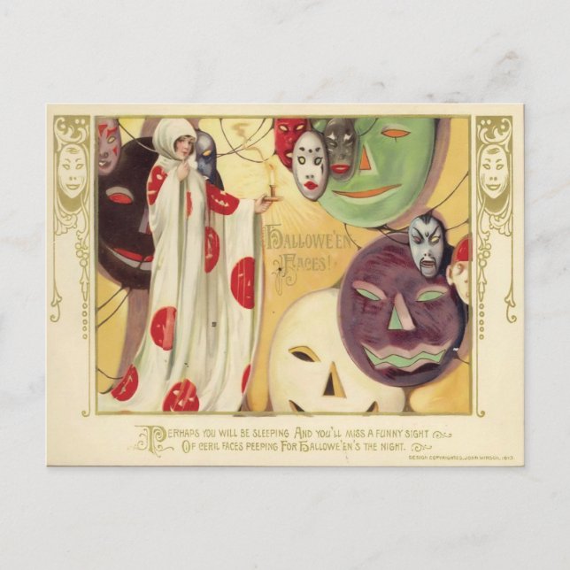 Cartão Postal Vintage Halloween Faces (Frente)