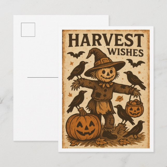 Cartão Postal Vintage Halloween Harvest Wishes (Frente/Verso)