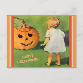 Cartão Postal Vintage Halloween Jack-O-Lantern e Little Girl
