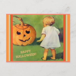 Cartão Postal Vintage Halloween Jack-O-Lantern e Little Girl