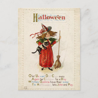 Cartão Postal Vintage Halloween Little WitGirl com um Gato