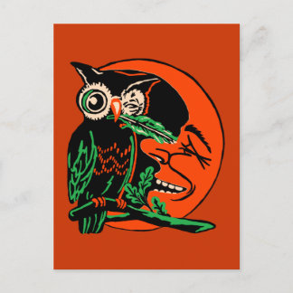 Cartão Postal Vintage Halloween Owl Tickling the Moon