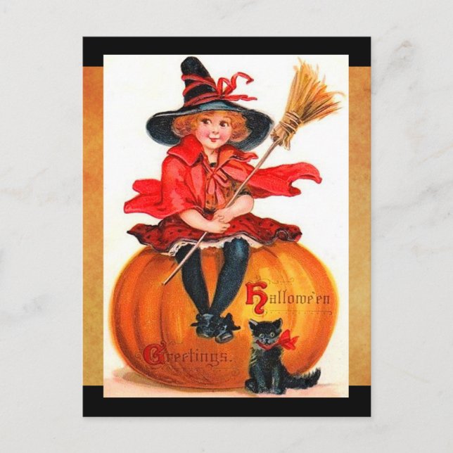 Cartão Postal Vintage Halloween Pequena Bruxa (Frente)