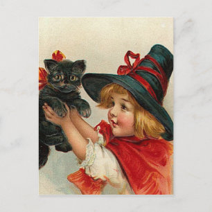 Cartão Postal Vintage Halloween Pequena Bruxa Segurando Gato Neg