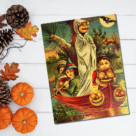 Cartão Postal Vintage Halloween Pumpkin Boat