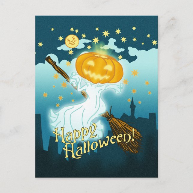 Cartão Postal Vintage Halloween Pumpkin Ghost (Frente)