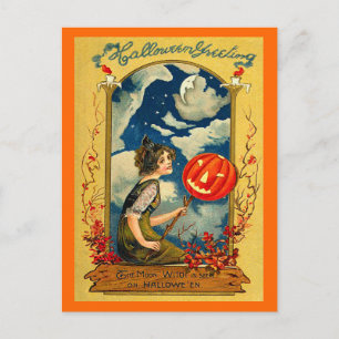 Cartão Postal Vintage Halloween, Pumpkin, Girl, Cute