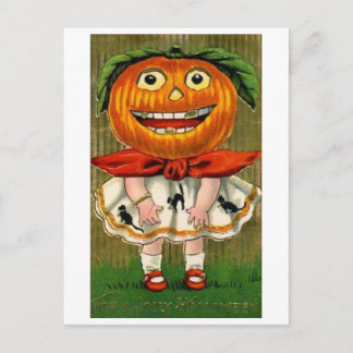 Cartão Postal Vintage Halloween Pumpkin Head Girl