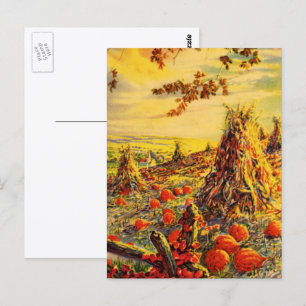 Cartão Postal Vintage Halloween Pumpkin Patch com Haystacks