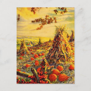 Cartão Postal Vintage Halloween Pumpkin Patch com Haystacks