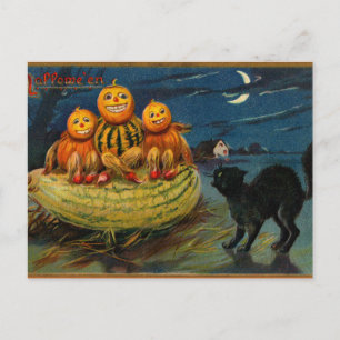 Cartão Postal Vintage Halloween Pumpkins Black Cat