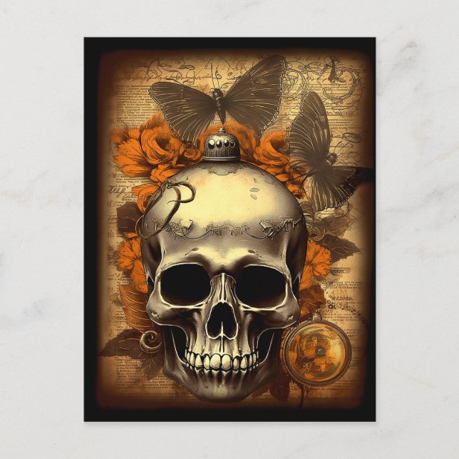 Cartão Postal Vintage Halloween Skull shabby Spooky Decoupage (Frente)