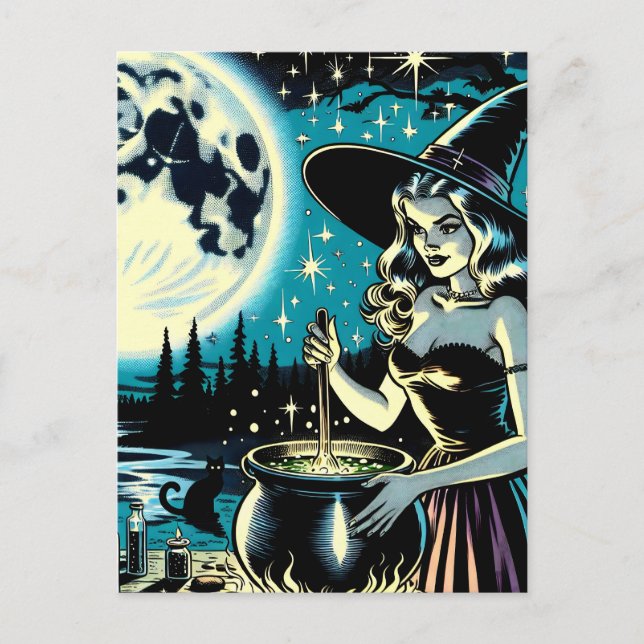 Cartão Postal Vintage Halloween Witch agitando um Caldeirão (Frente)