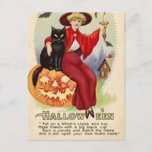 Cartão Postal Vintage Halloween Witness e Black Cat