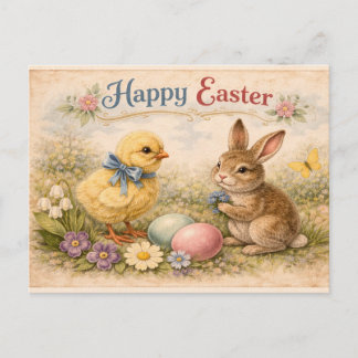Cartão Postal Vintage Happy Easter Bunny and Chick