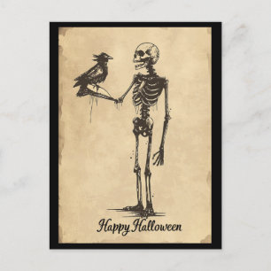 Cartão Postal Vintage Happy Halloween Skeleton Black Bird