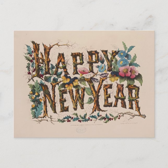 Cartão Postal Vintage "Happy New Year" Botanical Lettering (Frente)
