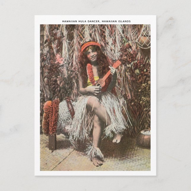 Cartão Postal Vintage Hawaiian Hula Dancer Jogando Ukulele (Frente)