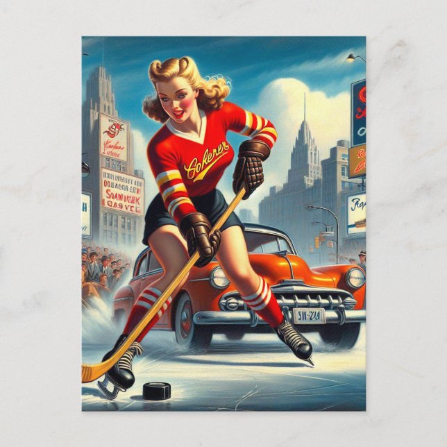 Cartão Postal Vintage Hockey Girl (Frente)