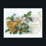Cartão Postal Vintage Holly e Dourado Bell<br><div class="desc">Ilustração de Natal restaurada com sino dourado,  holly,  filigre dourado e Cartões de natal. A parte traseira apresenta gráfico holly complementar com campos de texto editáveis.</div>