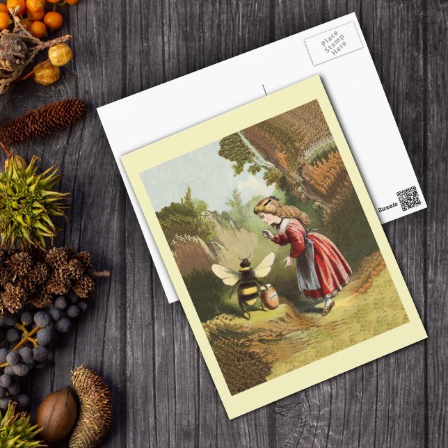 Cartão Postal Vintage Honey Bee With Girl Postcard (Victorian girl in woods with big bee and pot of honey on yellow postcard.)