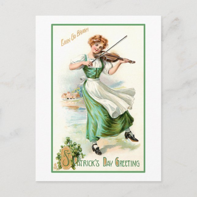 Cartão Postal Vintage Irish Lass com Fiddle (Frente)