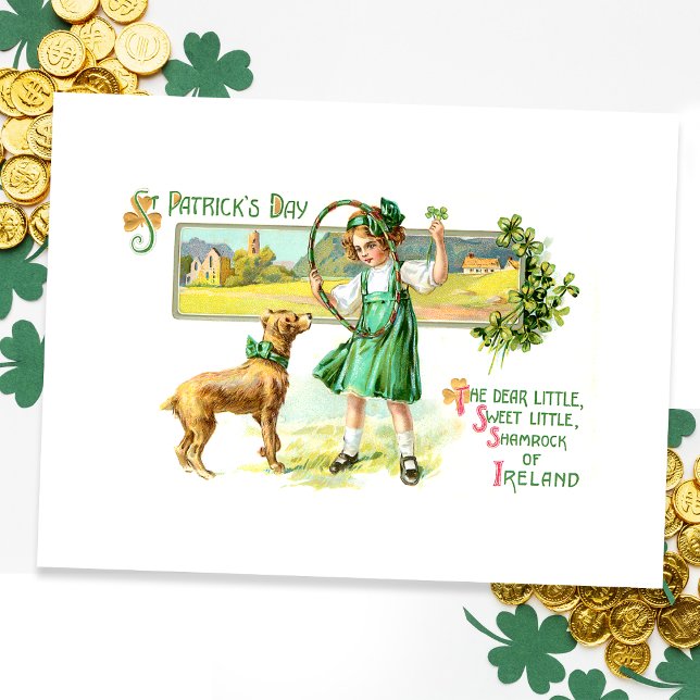 Cartão Postal Vintage Irish Lass, Shamrocks e Cão (Criador carregado)