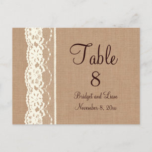 Cartão Postal Vintage Ivory Lace & Média Burlap Table Number
