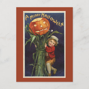 Cartão Postal Vintage Jack-o-Lanterna Cornstalk e Boy Halloween