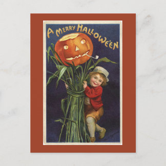 Cartão Postal Vintage Jack-o-Lanterna Cornstalk e Boy Halloween