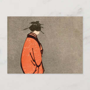 Cartão Postal Vintage Japanese Kimono Woman Orange Looking Away