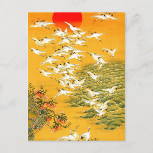 Cartão Postal Vintage japonês Cranes no Sunset